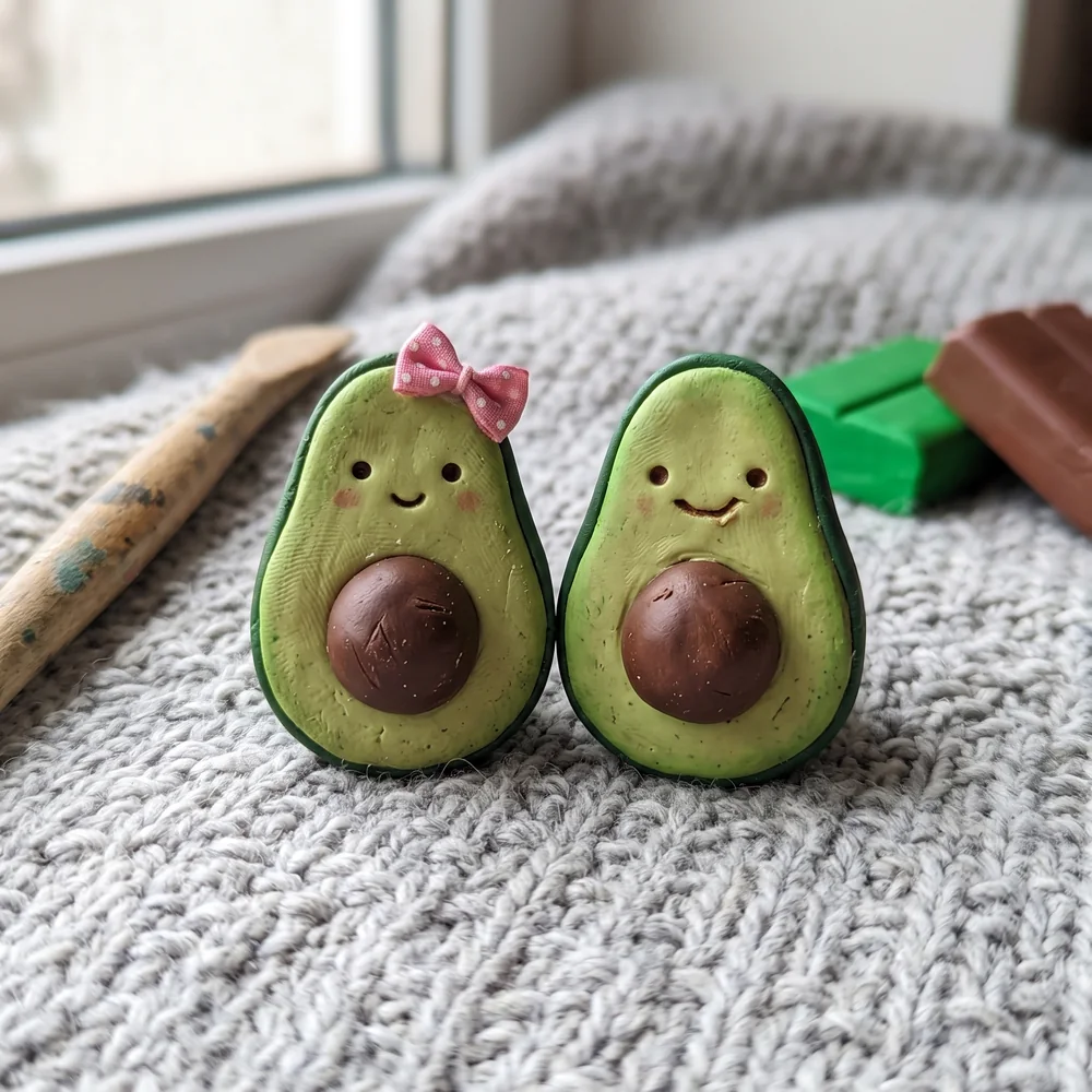 Dos aguacates de plastilina con cara sonriente