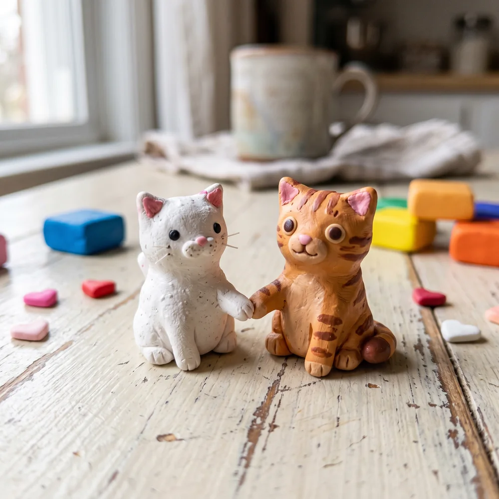 Dos gatitos de plastilina dándose la patita
