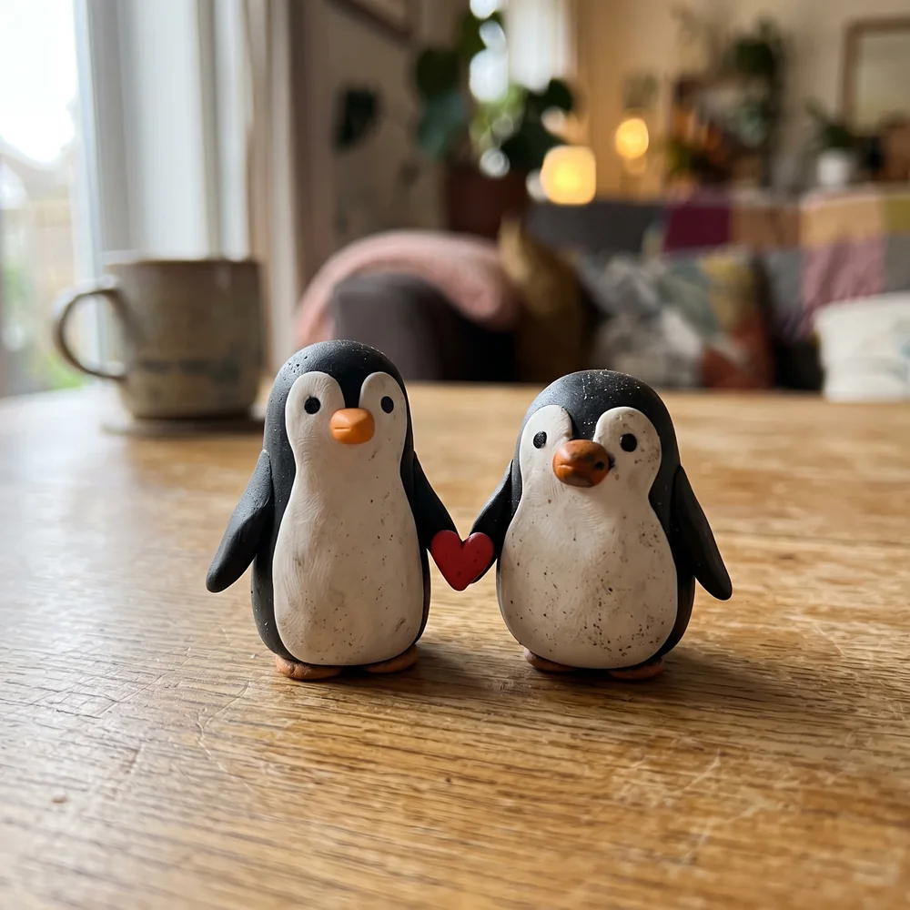 Pareja de pingüinos de plastilina hechos a mano
