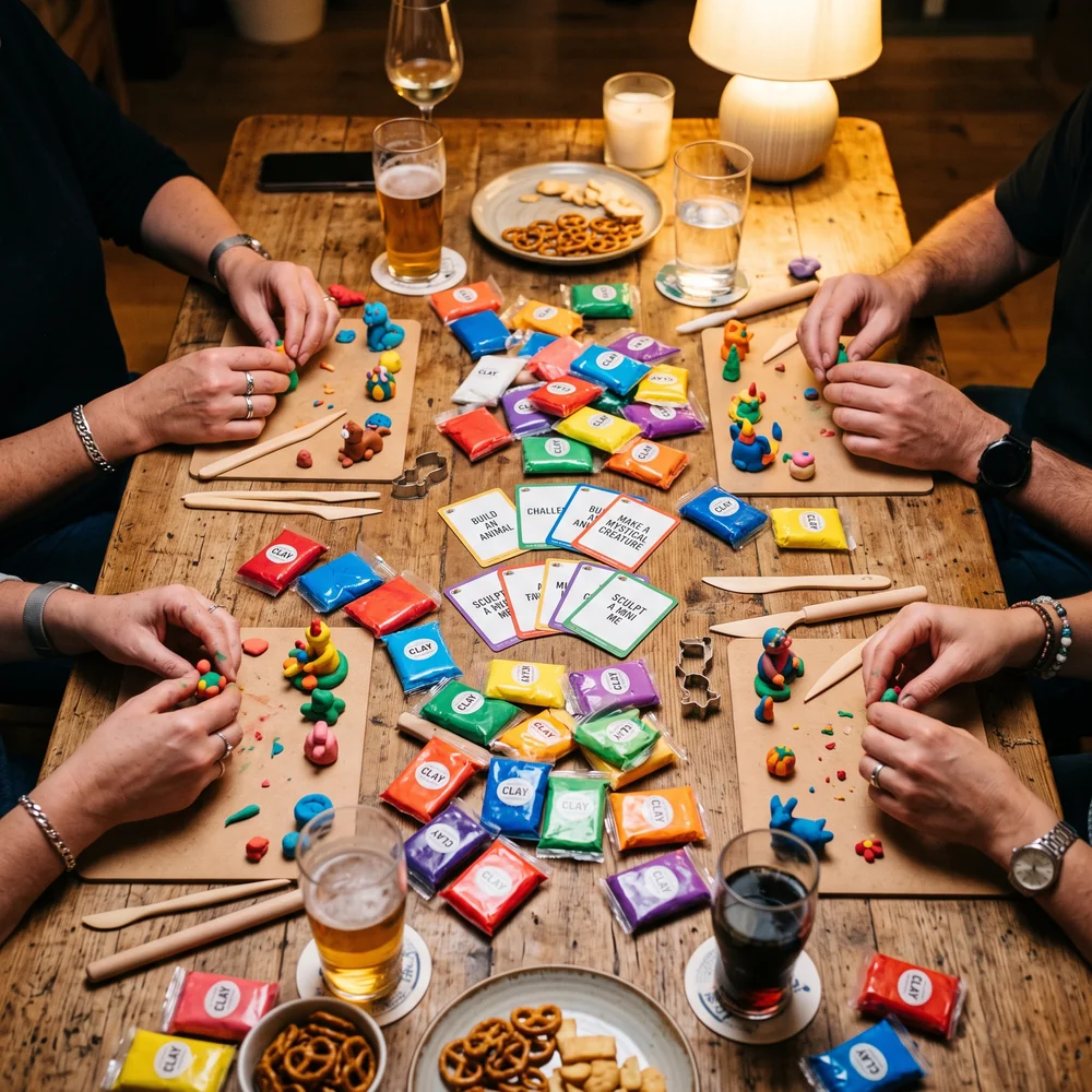 Grupo de amigos moldeando plastilina alrededor de una mesa